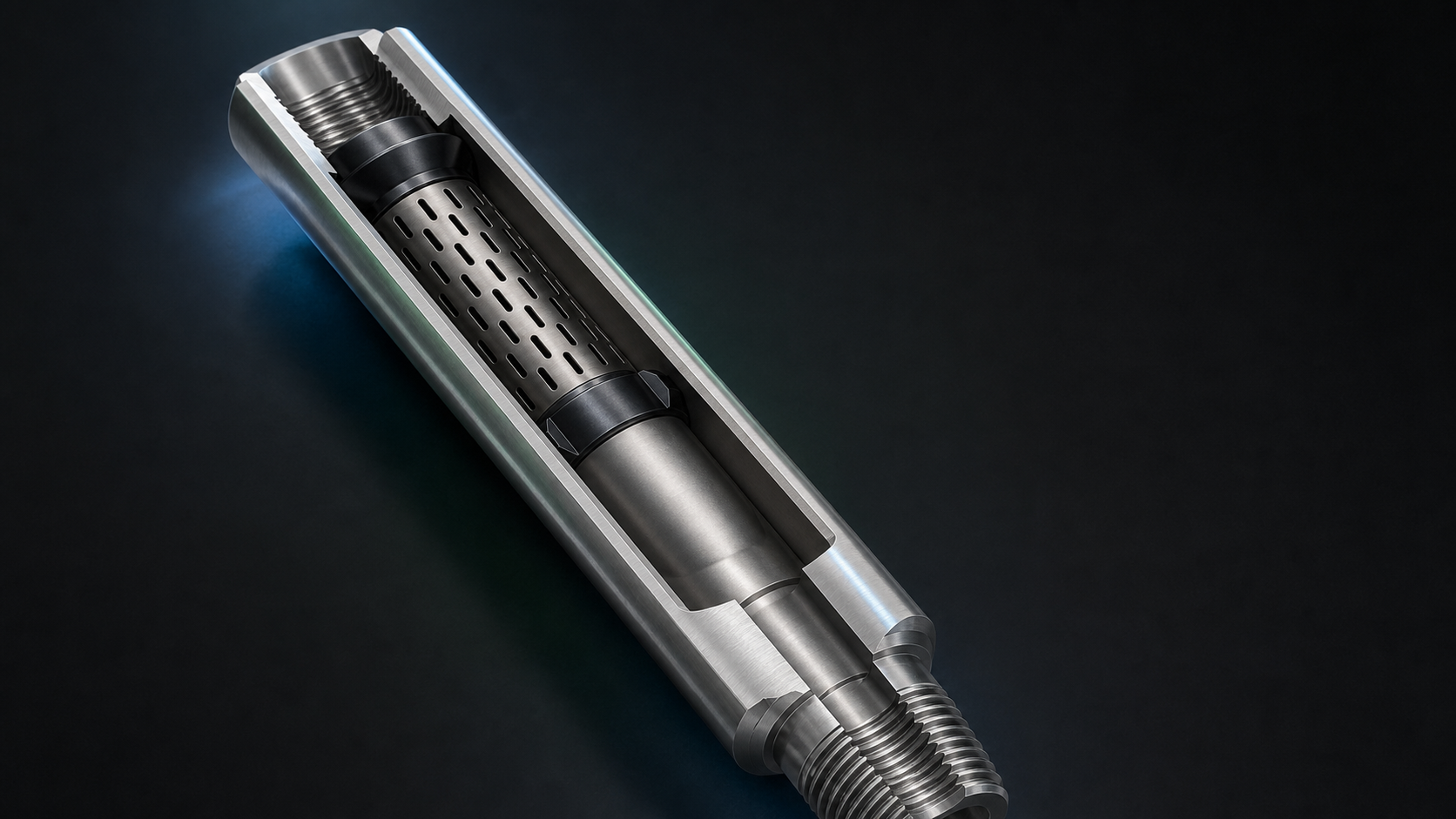 AE Downhole Filter Sub cutaway render on a dark technical background