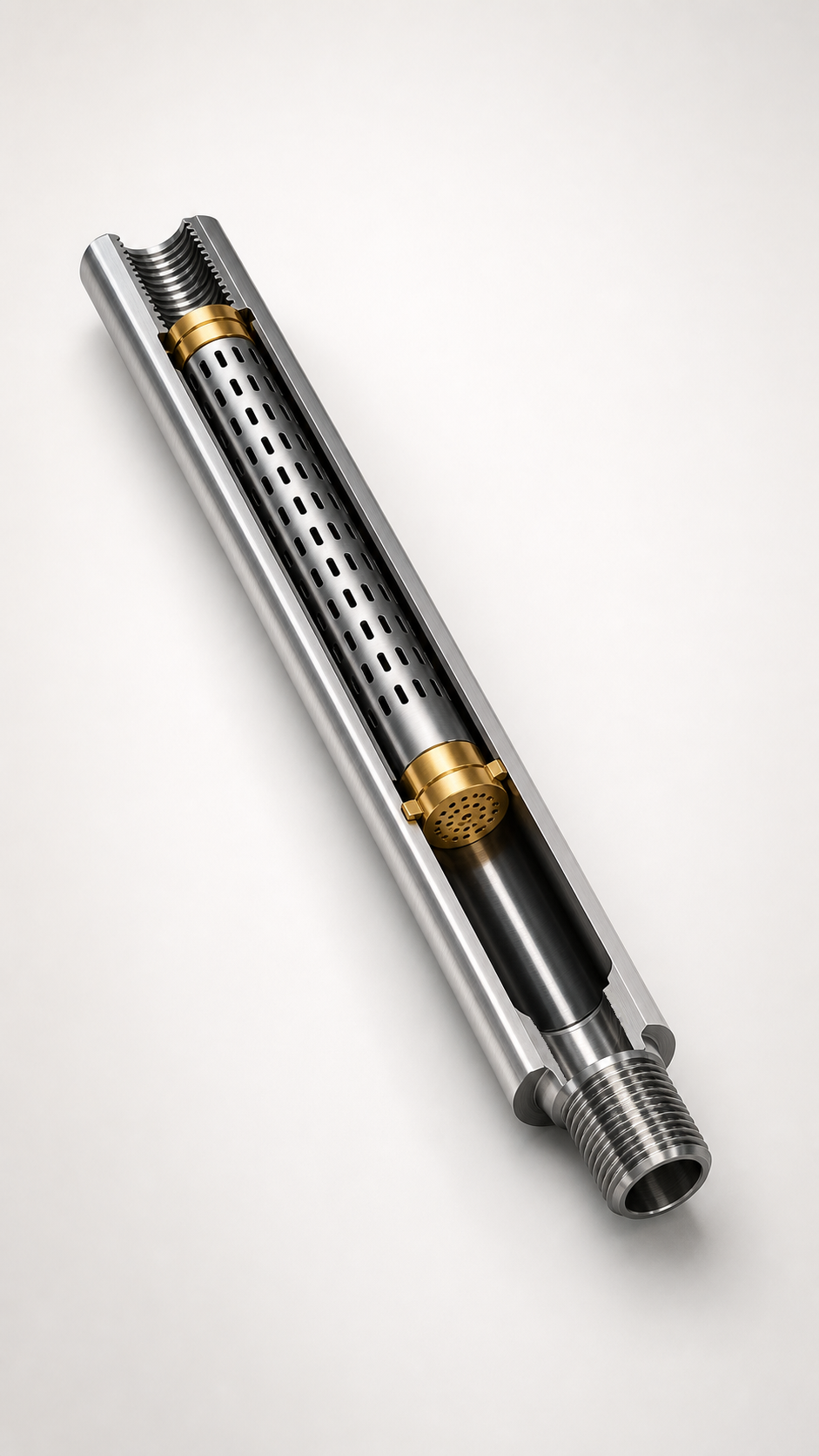 AE Downhole Filter Sub portrait cutaway render on a light studio background