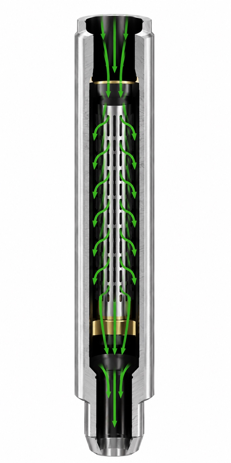 Conceptual green flow arrows showing fluid entering from the top and passing through the AE Downhole Filter Sub