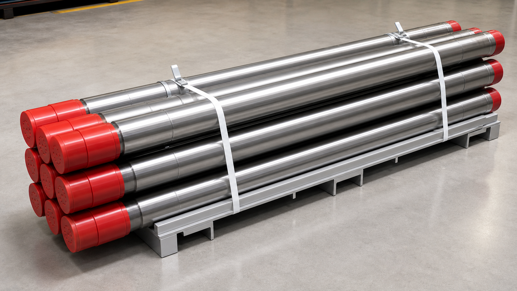 Illustrative shipment-ready AE Downhole Filter Sub assemblies with red thread protectors